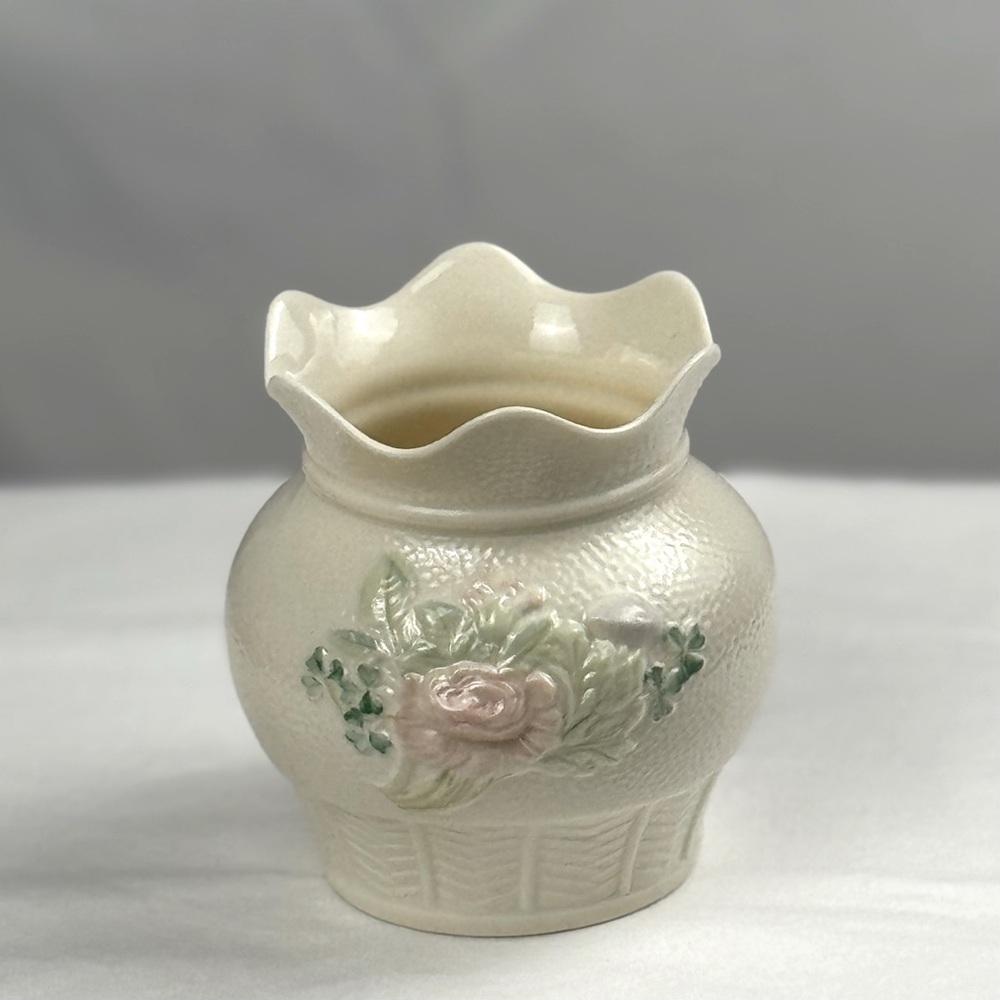 Vintage Belleek Porcelain Vase Shamrocks & Roses Irish Fine China EUC